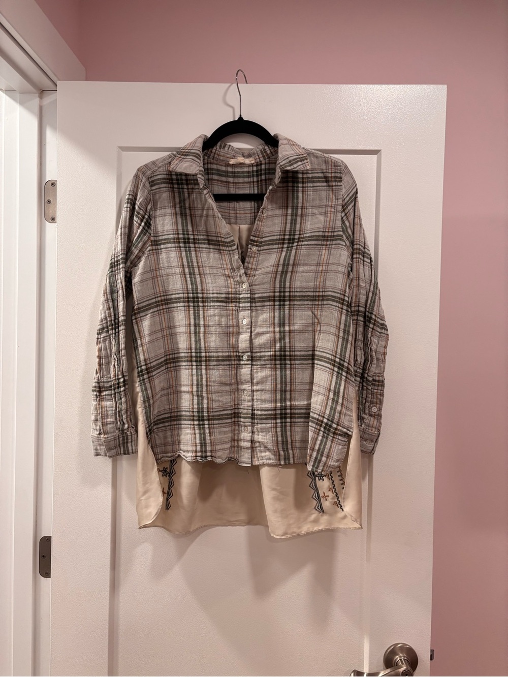 Jane and Delancey Plaid Button-Front Blouse in Cream and Olive